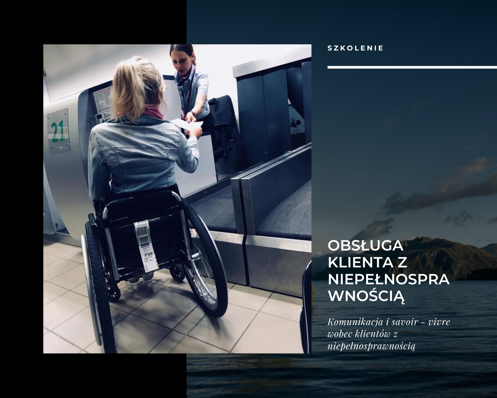 dziewczyna poruszająca się na wózku odbiera bilet lotniczy od pracownicy lotniska. Grafika szkolenia.